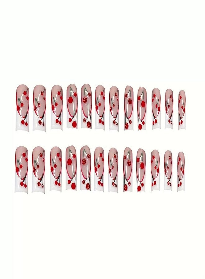 CTTHNBD 48Pcs Square Press on Nails Long & Press on Toenails Set, White French Tip Press on Nails with Cherry Design False Nails Short Press on Toe Nails Full Cover Stick on Nails for Women - Image 3